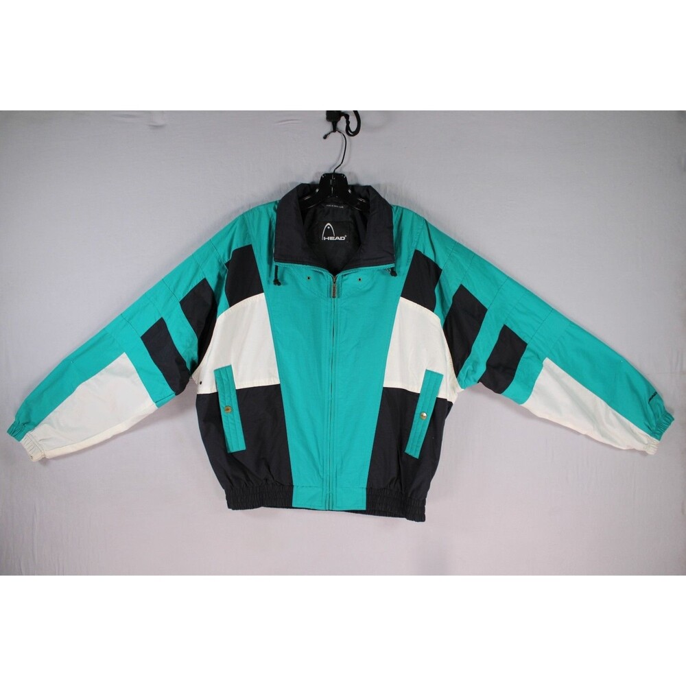 Vintage HEAD Mens Medium Windbreaker Jacket Teal Black White 90s Colorblock